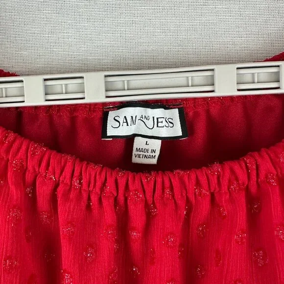 SAM &JESS RED OFF THE SHOULDER BLOUSE RUFFLED SHEER SWISS-DOT SLEEVES, SIZE S - Picture 2 of 8